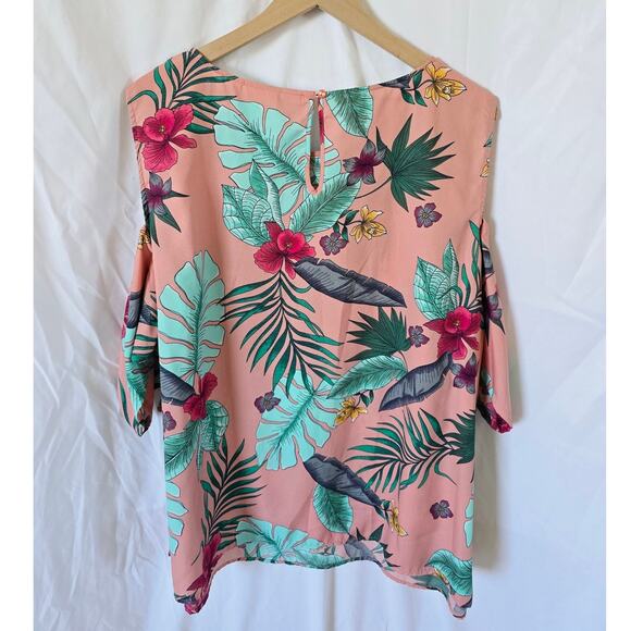 Juna Rose Top Sz 16 Pink Tropical Floral Cold Shoulder Short Sleeve Blouse - Picture 2 of 4